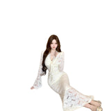 Lightly Styled Temperament Yujie V Tie With Lace Dress Women Spring And Autumn New Waist Thin Bag Hip Fishtail Skirt