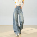 2026 Spring New Loose Broad-Legged Jeans Women's Back Bag Line Embroidery Showing Thin Straight Trousers