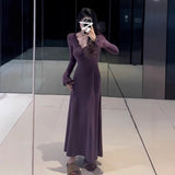 French Purple V-Neck Knitted Dress Women Early Autumn 2025 New Bottom Slim Dress