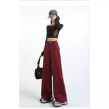1606 Anola Red And Broad Leg Leisure Women's Spring And Autumn 2025 New High- Waisted Rally Straight Tight Trousers