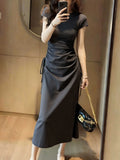 2026 New French Retro Gray Short-Sleeved Dress Women's Summer Design Feel Waist Folded Bag Hip Dress