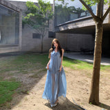 Island Holiday Wear Design Atmosphere With Blue Flowers Hanging Back Folds High-End Dress