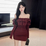 New Body-Repair Lotus Collar Dress Temperament Autumn Design Folds Thin Skirt Without Belt Hottie Sexy Word