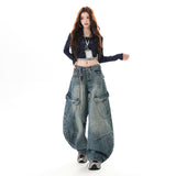 Vintage Autumn And Winter Multi-Bag Rewashing Waterwork Casual Drag Jeans Neutral Style Men And Women