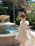 Bubble Sleeves A Word Shoulder Yellow Broken Flower Short-Sleeved Dress Small Summer Beautiful Little Dress