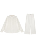 Linen Platt Embroidered Retro Blue And White Shirt / High-Waisted Straight-Legged Trousers Girl Summer Old Money Set Women's Clothing