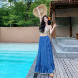 New Short Floral Sling Tapes D'at Tie Top + Design High-Rise Thin Blue And White Striped Half-Dress Skirt