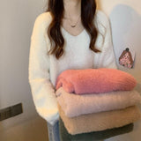 Winter New Women's Gentle Wind Temperament Knitted Sweater Soft Glutinous Wind V Collar Lazy Top Loose Water Marinade