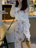 Haitang Flower Opening Silk Slant Cutting Series Temperament Print Sling Skirt Hanging Neck V-Neck Opening Dress