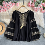 Ocean Gas Age-Reduced Retro Heavy Industry Embroidered Round Tie With Lantern Sleeve Shirt Women Loose Leisure Holiday Top
