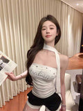 943# Summer New Pure Desire Around The Letter Drill Around The Neck Repair Body Fixed With Chest Mating On The Top