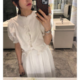 Korean Chic Niche Design Age Reduction Netty Short Shirt Female Chic Single Buckle Splicing Lace Top