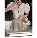 Summer 2025 New Rich Gold Over The Knee Dress White Top High Waist Half Dress Two-Set Suit Dress