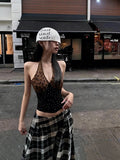 Spice Leopard Pattern Spliced Hanging Neck Sling Vest Woman 2026 Summer Sister Fan Waist Highlights The Body Sweet And Cool