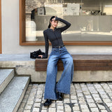 25 Autumn And Winter New Retro Fold Design High Waist Display Thin Leg Tug Jeans Women Blue Trousers