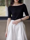French Word-Collar Silk Seamless Knitted Shirt Women Summer Thin Five-Sleeve Temperament Top