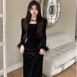 Early Autumn Black Gold Velvet Dress 2025 New Women's Spring And Autumn Feeling To Wear A Long Dress