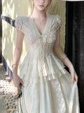 Kyoto Tea Room V-Neck Cereise Lace Embroidery Spliced Short-Sleeved Bow Blouse Dress Suit Summer Girl
