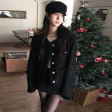 Korean Chic Autumn French Temperament Elegant Little Fragrant Style Simple Round Collar Single Buckle With Coarse Flowers And Short Coat
