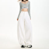 Bismeed Jeans Retro Taut Autumn Casual Pure White Loose-Freuish-Legged Denim Antique Blue