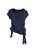 Korean Irregular Lotus Leaf Side Design Sense Short-Sleeved T-Shirt Girls Summer New Slimmed-In Beautiful Tibetan Blouse