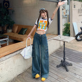 Vintage Blue Water Wash Trousers Jeans Women's New Retro High-Waist Straight Broad Leg Pants