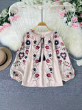 2025 New Bohemian Retro Embroidery Print Top Women Loose Casual French Chic Long-Sleeved Shirt