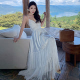 2025 Tour Bohemian Holiday White Lace Splicing Bare Back Dress Holiday Dress
