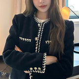 Jennie The Same Hand Nail Lace Collar / Strip Velvet Chain Coat Autumn Coat Black