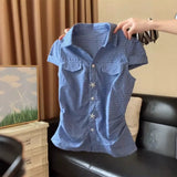 Blue Plaid Shoulder-Throw Design Short-Sleeved Shirt Women's Summer New Slimming Fashion Top