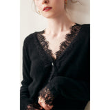 Lace Side Design Shows Noble Baby Goat Knitted Cardigan V Collar Loose Short Wool Coat