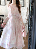Beauty Dress / French Romantic Fairy Qi Hanging Neck Irregular Holiday Pink Floral Atmosphere Long Skirt Summer
