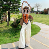 Holiday Wind Orange Printed Scarve Sling + Casual Broad Leg Pants High Feeling Cool Trousers