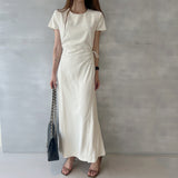 South Korea's New Summer French Elegance Simple Design Feel Side Strap Open Waist Short-Sleeved Dress