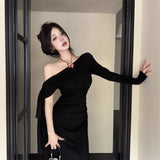 Wine Red Ribbon With Oblique Shoulder Long-Sleeved Dress Women Winter Body-Repair Irregular Dress Pure Want To Pack Hip Dress