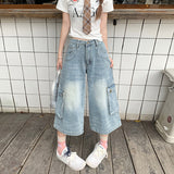 YC&2 Color Retro High-Rise Seven-Point Trousers High Street Trousers Wide Leg Pants Summer Straight Jeans Woman