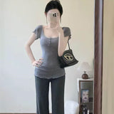 Summer New Hanging Micro-Slave Women Slim Slim Thin Waist Broad Leg Trousers Blouse Casual Two-Piece