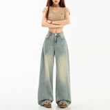 High Street Retro Broad-Legged Trousers Babes Loose Hanging Feeling Worn Mop Cowgirl Trousers Lengthy Denim Cotton