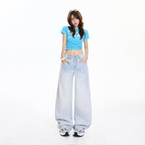 Vintage High-Waist Loose Broad Leg Trousers After Buckle Design Sense Adjustable Scissor Pants Jeans Woman