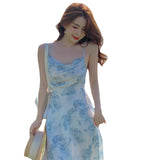 Temperament Sexy Dew-Back Flower Sling Skirt Woman 2025 Summer New To Collect Waist Thin Chiffon Dress