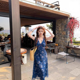 Holiday Style V-Neck Print Sling Dress Femininity Femininity With Thin Waist A Word Retro Dress New Summer
