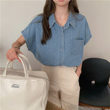 Real Shooting 2025 Summer Korean Simple Retro Buffet Denim Loose Polo Collar Short-Sleeved Shirt 2 Colors