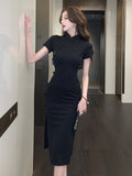 Chinese Retro Buckle Improved Cheongsam Skirt Female High-Grade Black Dress Summer Waist Open Fork And Hip Dress