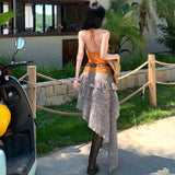 Sexy Collar Folded Collar Hanging Neck Leopard Twill Folded Skirt Design Long Skirt