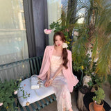 Early Autumn New French Romantic Pink Floral Sling Dress Women's 2025 Summer Mesh To Close The Waist Open Fork Mid-Long Dress