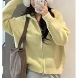 Korean Atmosphere Feels Autumn And Winter Wearing A Pink Sweater Wearing A Female Zipper Coat Hooded Knitted Open Shirt