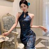 New Chinese Style Elegant Retro Print Open Fork Improved Cheongsam Dress Open Sleeveless Plate Button Dress Woman