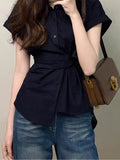 French Temperament Black Polo Collar Short-Sleeved Shirt Women's Summer Thin Shirt Unique Beautiful Big Look Top