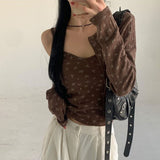 Spring And Autumn 2025 South Korea Dongdaemun Fresh Small Broken Flowers Gentle Fasten Long Sleeve Small Open Shirt Sling Vest Two Sets