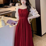 Sweet French Red Dress Women Five-Sleeve 2025 Summer New Waist Display Thin Long Dress A-Word Skirt